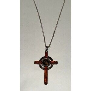 Celtic Sterling Silver & amber 2"  CROSS ON 18" Chain Necklace